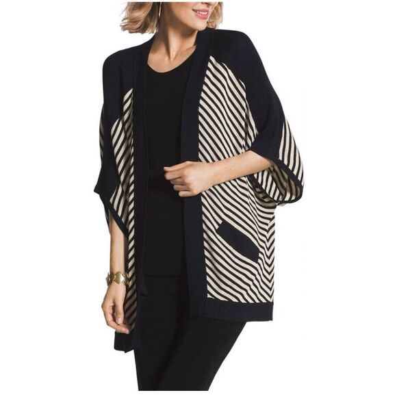 Chico's Travelers Collection Stripe Sweater Knit Jacket Ink Combo Size Medium - Picture 1 of 5